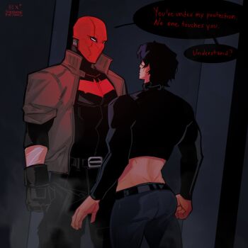 bat_signal batman_(series) batman_symbol black_bodysuit black_gloves black_hair bodysuit brown_jacket dc_comics dick_grayson flyingdidii gloves grey_bodysuit highres jacket jason_todd male_focus mask multicolored_bodysuit multiple_boys muscular muscular_male open_clothes pants red_hood_(dc) red_hood_and_the_outlaws red_mask short_hair superhero_costume taut_bodysuit two-tone_bodysuit