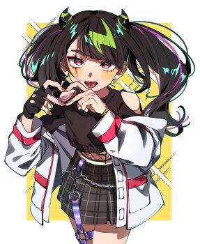 1girl 3am absurdres aqua_outline bad_link bare_shoulders black_gloves black_hair black_shirt blush bracelet clothing_cutout commentary commission coqui_saporana cowboy_shot earrings english_commentary eyelashes fingerless_gloves fingernails four-finger_heart_hands gloves gold_bracelet green_hair grey_skirt hair_horns heart heart_hands highres hyamoo jacket jewelry long_sleeves multicolored_hair off_shoulder open_clothes open_jacket open_mouth outline piercing plaid_clothes plaid_skirt purple_hair red_eyes scar scar_across_eye scar_on_face second-party_source shirt shoulder_cutout single_fingerless_glove skeb_commission skirt solo streaked_hair textless_version thick_eyebrows tongue tongue_out tongue_piercing transparent_background twintails virtual_youtuber white_jacket