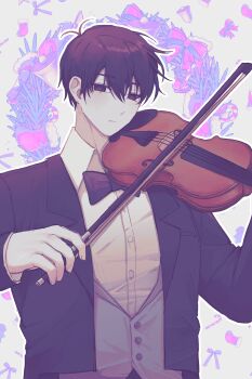 Rule 34 | 1boy, aged up, antenna hair, black bow, black bowtie, black eyes, black hair, black jacket, bow, bow (music), bowtie, buttons, closed mouth, collared shirt, commentary request, grey background, grey vest, hair behind ear, hair between eyes, hand up, highres, holding, holding bow (music), holding instrument, holding violin, instrument, jacket, korean commentary, long sleeves, looking at viewer, male focus, no pupils, omo taru, omori, open clothes, open jacket, second-party source, shirt, short hair, simple background, solo, sunny (omori), upper body, vest, violin, white shirt