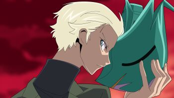 1boy absurdres blonde_hair blue_eyes char_aznable code_geass company_connection elmeth green_jacket gundam gundam_gquuuuuux highres holding holding_mask jacket long_sleeves looking_at_viewer male_focus mask reprilo_channel scene_reference shirouzu_(gundam) shirt short_hair sunrise_(company) sunset turtleneck