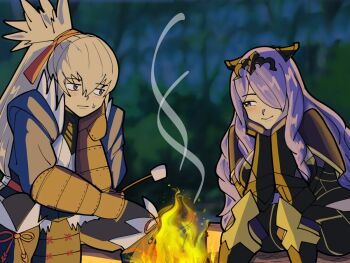 1boy 1girl blush camilla_(fire_emblem) campfire camping chignon fire fire_emblem fire_emblem_fates food grey_hair hair_over_one_eye head_on_hand long_hair looking_at_another marshmallow mnejing30 night nintendo older_female_and_younger_male one_eye_covered orange_eyes outdoors purple_eyes purple_hair smoke sweat takumi_(fire_emblem) tiara wavy_hair