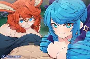 1boy 2girls abs animal_ears artist_name aurora_(league_of_legends) blue_eyes blush bow braid breasts bulge closed_mouth collarbone glasses grass green_eyes green_hair gwen_(league_of_legends) hair_bow hetero large_breasts league_of_legends long_hair medium_hair multiple_girls nipples orange_hair rabbit_ears round_eyewear smile sollyz twintails