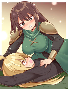1boy 1girl blonde_hair breasts brown_hair character_request commentary_request commission cougar_(cougar1404) final_fantasy final_fantasy_tactics girl_on_top long_hair milleuda_folles open_mouth ramza_beoulve skeb_commission smile