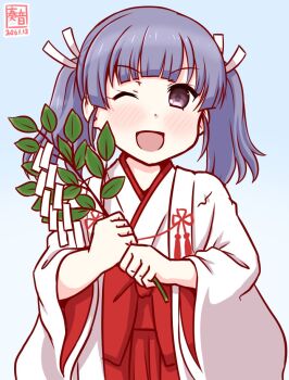 Rule 34 | 1girl, blue background, blue hair, blush, brown eyes, commentary request, gohei, grey hair, hakama, hakama skirt, japanese clothes, kanon (kurogane knights), kantai collection, kimono, leaf, long sleeves, looking at viewer, miko, one eye closed, ooshio (kancolle), open mouth, red hakama, short twintails, skirt, smile, solo, twintails, white kimono