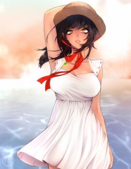 1girl arm_behind_head arm_up black_hair breasts brown_hat character_request cleavage collarbone commentary copyright_request cowboy_shot day dress facing_viewer hat highres large_breasts looking_up medium_hair nose ocean orange_eyes outdoors parted_lips red_ribbon ribbon sleeveless sleeveless_dress solo straw_hat swept_bangs teyoid water white_dress