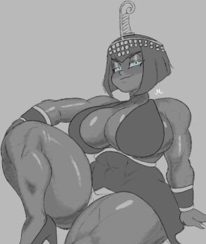 1girl 2025 abs arm_support artist_logo black_dress blue_eyes bob_cut breasts cleavage collarbone covered_navel curvy dark-skinned_female dark_skin dress eliza_(skullgirls) eyes_shadow female_focus foot_out_of_frame glowing glowing_eyes grey_background half-closed_eyes high_heels huge_breasts logo macholor monochrome muscular muscular_female muscular_legs nail_polish panties short_hair simple_background skullgirls smug solo spot_color straight_hair thick_thighs thighs tiara underwear upskirt vambraces white_panties wide_hips