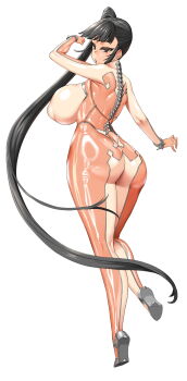 1girl ass black_hair blunt_bangs bodysuit bracelet breasts brown_bodysuit brown_eyes covered_erect_nipples curvy era_(erasion) eve_(stellar_blade) from_behind highres huge_ass huge_breasts impossible_bodysuit impossible_clothes jewelry long_hair looking_at_viewer mechanical_spine multicolored_bodysuit ponytail puffy_nipples shiny_clothes skin_suit_(stellar_blade) skin_tight solo stellar_blade thighs two-tone_bodysuit very_long_hair white_background