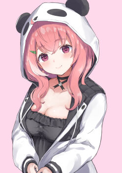 1girl absurdres ahoge alternate_breast_size animal_hood black_dress black_hoodie black_ribbon blush breasts closed_mouth collarbone dress earrings fang highres hood hoodie jewelry kurenai_rock large_breasts long_sleeves looking_at_viewer medium_hair neck_ribbon nijisanji octopus_earrings panda_hood panda_ornament pink_background pink_eyes pink_hair ribbon sasaki_saku sasaki_saku_(11th_costume) simple_background skin_fang smile solo virtual_youtuber white_hoodie