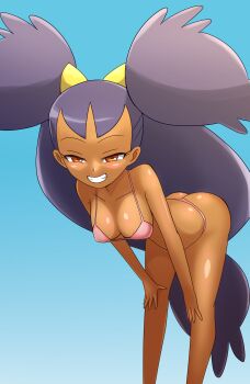 1girl ass bent_over bikini black_hair blush breasts brown_eyes cleavage collarbone dark_skin fangs grin hair_ornament hands_on_own_knees iris_(pokemon) long_hair looking_at_viewer medium_breasts nintendo pink_bikini pokemon pokemon_bw shadow_(modeler3622) sky smile standing swimsuit teeth twintails