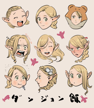 1girl animal_hood blonde_hair braid breasts chewing closed_eyes closed_mouth copyright_name cropped_head dungeon_meshi eating elf flower fork frog_hood furrowed_brow green_eyes grey_background hair_between_eyes hair_flower hair_ornament hair_ribbon highres hood light_blush marcille_donato open_mouth parted_bangs pointy_ears ribbon sickpoly7188 sideboob smile solo sweatdrop swept_bangs twin_braids twitter_username