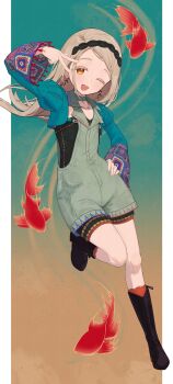 1girl absurdres aqua_background aqua_jacket arm_up black_boots black_hairband blonde_hair boots border brown_background cropped_jacket earrings fish full_body gakuen_idolmaster garakuta_road_(idolmaster) goldfish gradient_background green_overalls hairband hand_on_own_hip highres idolmaster jacket jewelry koi long_hair long_sleeves looking_at_viewer official_alternate_costume one_eye_closed open_mouth orange_eyes orange_hair outside_border overalls pillarboxed poppo_yo_say shinosawa_hiro smile solo standing standing_on_one_leg v white_border