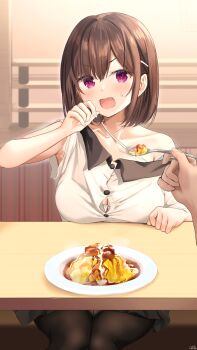1boy 1girl armpits black_pantyhose blush breast_rest breasts brown_hair button_gap childhood_friend-chan_(ramchi) collarbone fed_by_viewer feeding food hair_ornament hairclip hand_up highres holding holding_spoon large_breasts open_mouth original pantyhose plate pov pov_across_table pov_hands purple_eyes ramchi shirt short_hair single_bare_shoulder single_off_shoulder spoon surprised swept_bangs v-shaped_eyebrows white_shirt x_hair_ornament
