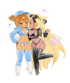 2girls absurdres alternate_costume bikini blonde_hair boots breasts brown_hair cleavage commentary commission cookie_run cookie_run:_ovenbreak croissant_cookie crop_top dark-skinned_female dark_skin dual_persona eyepatch eyewear_on_head gyaru hat heart highres humanization kichiko_(ryu10855) leg_warmers long_hair multiple_girls onee_gyaru pear-shaped_figure ponytail selfcest shiny_skin shoes short_ponytail shortstack simple_background small_breasts smile sneakers spoken_heart sunglasses swimsuit thigh_boots timekeeper_cookie updo very_long_hair volleyball white_background yellow_eyes yuri
