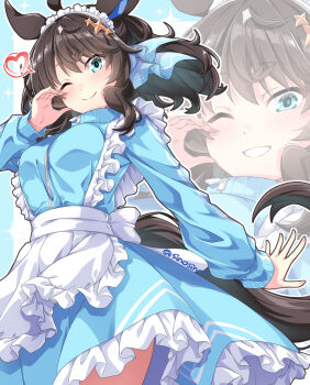1girl ahoge alternate_costume animal_ears apron black_hair blue_eyes blue_jacket blue_skirt blush breasts closed_mouth daring_tact_(umamusume) frilled_apron frills hair_between_eyes hair_ornament heart highres horse_ears horse_girl horse_tail jacket jersey_maid long_hair long_sleeves looking_at_viewer maid maid_apron maid_headdress medium_breasts medium_hair one_eye_closed open_mouth shinohara_shinome skirt smile star_(symbol) star_hair_ornament tail teeth track_jacket umamusume unconventional_maid waist_apron white_apron white_headdress zoom_layer