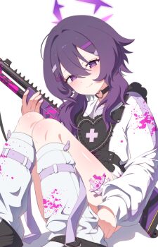 1girl absurdres apron black_apron black_choker blood blood_on_clothes blue_archive blush choker closed_mouth commentary english_commentary gun hair_between_eyes halo haruka_(blue_archive) highres holding holding_gun holding_weapon leg_warmers long_hair looking_at_viewer naryu no_pants pump_action purple_blood purple_eyes purple_hair purple_halo shirt shotgun sidelocks smile solo weapon white_leg_warmers white_shirt