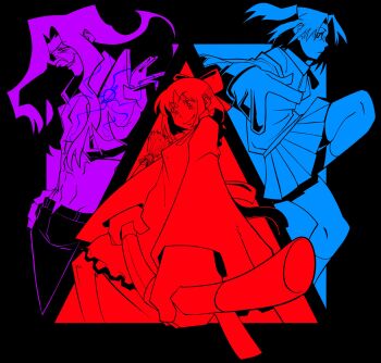 Rule 34 | 1boy, 2girls, apron, black pants, bow, broom, collared shirt, electricity, electrokinesis, evil grin, evil smile, fingernails, floating hair, from side, grin, hair bow, hidden weapon, highres, holding, holding broom, japanese clothes, jumping, kaikogreen, katana, kohaku (tsukihime), long hair, looking at viewer, maid, melty blood, michael roa valdamjong, monochrome, multiple girls, open clothes, open fly, open shirt, pants, ribbon, school uniform, sharp fingernails, sharp teeth, sheath, sheathed, shirt, skirt, smile, socks, sword, teeth, tsukihime, twintails, vampire, vest, wavy hair, weapon, yumizuka satsuki