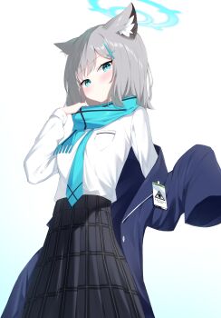 1girl absurdres adjusting_scarf animal_ear_fluff animal_ears aqua_eyes aqua_necktie aqua_scarf black_skirt blazer blue_archive blue_halo blue_jacket blush breast_press breasts cobe commentary cowboy_shot cross_hair_ornament from_below from_side grey_hair hair_ornament halo highres id_card jacket long_sleeves looking_at_viewer medium_breasts necktie parted_bangs plaid plaid_clothes plaid_skirt pleated_skirt pout removing_jacket scarf shiroko_(blue_archive) shirt shirt_tucked_in simple_background skirt solo striped_clothes striped_scarf undressing white_background white_shirt wolf_ears