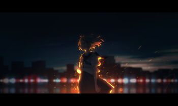 1girl absurdres blurry blurry_background bokeh city_lights cityscape commentary_request depth_of_field fireworks highres letterboxed light_rays looking_to_the_side neckerchief nengoro night original outdoors sailor_collar scenery school_uniform serafuku shirt short_hair short_sleeves skirt sky solo white_shirt