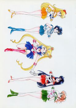 1990s_(style) 5girls absurdres aino_minako artbook bishoujo_senshi_sailor_moon black_hair blonde_hair blue_boots blue_choker blue_eyes blue_hair blue_sailor_collar blue_shoes blue_skirt boots brown_hair choker double_bun earrings exif_rotation green_boots green_choker green_eyes green_sailor_collar green_skirt group_picture hair_bun hand_on_own_hip highres hino_rei incredibly_absurdres inner_senshi jewelry kino_makoto lips long_hair magical_girl mizuno_ami multiple_girls official_art on_one_knee orange_choker orange_sailor_collar pale_skin pink_lips ponytail red_choker red_high_heels red_sailor_collar red_skirt retro_artstyle sailor_collar sailor_jupiter sailor_mars sailor_mercury sailor_moon sailor_senshi sailor_senshi_uniform salute scan shoes skirt smile takeuchi_naoko tsukino_usagi very_long_hair