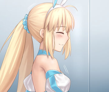 1girl animal_ears artoria_caster_(fate) artoria_caster_(swimsuit_berserker)_(second_ascension)_(fate) artoria_pendragon_(fate) besmiled blonde_hair blue_scrunchie closed_eyes closed_mouth commentary_request detached_sleeves fake_animal_ears fate/grand_order fate_(series) hair_ornament hair_scrunchie hairband highres long_hair puffy_short_sleeves puffy_sleeves rabbit_ears scrunchie short_sleeves sidelocks smile solo twintails very_long_hair walking white_hairband