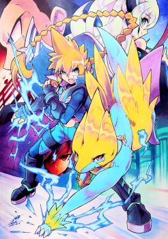 Rule 34 | 025aki, 1girl, 3boys, absurdres, aqua eyes, armor, armored boots, azure striker gunvolt, azure striker gunvolt 1, black eyes, black hair, blonde hair, blue eyes, boots, braid, bug, butterfly, close-up, commentary, crossover, dated, electricity, from behind, from side, full body, gen 3 pokemon, giovanni (pokemon), gradient background, gunvolt, hair between eyes, hair ornament, hairclip, highres, holding, holding poke ball, insect, jewelry, long coat, long hair, looking at viewer, looking back, looking to the side, lumen (gunvolt), manectric, midriff, multiple boys, necklace, nintendo, nova (gunvolt), open mouth, poke ball, poke ball (basic), pokemon, pokemon (creature), red eyes, signature, single braid, smile, traditional media, trait connection