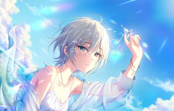 Rule 34 | 1girl, anastasia (idolmaster), blue eyes, bracelet, breasts, buttons, cityscape, cleavage, cloud, earrings, game cg, grey hair, holding, idolmaster, idolmaster cinderella girls, idolmaster cinderella girls starlight stage, jewelry, necklace, off shoulder, official art, see-through clothes, solo