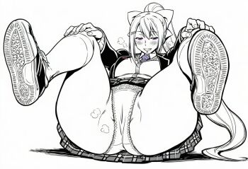 1girl aquaberrymarine blush collared_shirt commentary_request hair_between_eyes hair_ornament higuchi_kaede legs long_hair long_sleeves lying mole mole_under_eye monochrome necktie nijisanji nose on_back panties ponytail presenting purple_eyes shirt shoes simple_background skirt smile sneakers soles steam sweater teeth underwear vest white_background