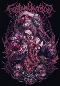 1girl black_choker blood blood_on_clothes blood_on_face bow chain choker collared_shirt cross cross_necklace eyeball eyepatch fallenshadow fallenshadow_(military) guro hat hat_bow highres indie_virtual_youtuber injury intestines inverted_cross_necklace jewelry long_hair necklace necktie pink_bow pink_necktie pouch purple_eyes ribs shirt skull sleeves_past_fingers sleeves_past_wrists solo spiked_choker spikes torn_clothes virtual_youtuber white_shirt yu-ki_iwata