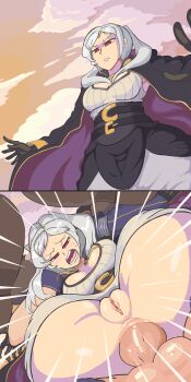 2koma anal ass blush bottomless breasts chrom_(fire_emblem) cleavage clitoris comic davewaterfalls female_robin_(fire_emblem) fire_emblem fire_emblem_awakening full_nelson gloves grima_(fire_emblem)_(female) instant_loss nintendo penis possessed pussy red_eyes robe sex sweat testicles twintails white_hair