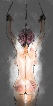 1girl bdsm beaten bondage bondage_cuffs bound bound_arms bound_wrists breasts bruise collar cuts from_behind hiiragi_akira_(valkyrie_drive_-mermaid-) injury large_breasts macica restrained scratches short_hair simple_background slave stationary_restraints suspension valkyrie_drive valkyrie_drive_-mermaid-