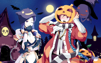 1boy 1girl argyle_clothes argyle_coat black_gloves black_scarf blue_hair blue_scarf blue_sky blush breasts chain cleavage coat copyright_notice cowboy_shot deviruchi_hat embarrassed full_moon ghost gloves grey_coat grey_shirt guest_art halloween hat highres house jack-o&#039;-lantern juliet_sleeves kaz_(kaz) logo long_sleeves looking_at_another medium_breasts medium_hair minstrel_(ragnarok_online) moon navel night night_sky nose_blush official_art official_wallpaper one_eye_closed open_clothes open_coat open_mouth outdoors polka_dot polka_dot_scarf puffy_sleeves pumpkin_on_head purple_eyes quve_(ragnarok_online) ragnarok_online red_coat red_eyes red_hair red_scarf scarf shirt short_hair sky smile star_(sky) starry_sky striped_clothes striped_scarf suspenders warlock_(ragnarok_online) white_scarf white_shirt