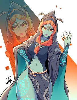 1girl 2025 arm_tattoo arm_up black_skin blue_skin circlet cloak colored_sclera colored_skin commentary english_commentary eyeshadow front_ponytail glowing glowing_tattoo hair_tie highres hood hood_up hooded_cloak leg_tattoo makeup midna midna_(true) multicolored_skin nintendo purple_eyeshadow purple_lips red_eyes sarong serious tattoo the_legend_of_zelda the_legend_of_zelda:_twilight_princess thick_thighs thighs thomdotartz two-tone_skin v-shaped_eyebrows yellow_sclera zoom_layer