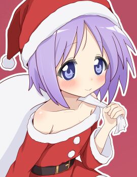 1girl absurdres bare_shoulders belt belt_buckle black_belt blush buckle christmas closed_mouth collarbone commentary_request dress fur-trimmed_dress fur-trimmed_headwear fur-trimmed_sleeves fur_trim hat highres hiiragi_tsukasa holding holding_sack looking_at_viewer lucky_star meisoochuu outline pom_pom_(clothes) purple_eyes purple_hair red_background red_dress red_hat sack sack_behind_back santa_costume santa_dress santa_hat short_hair simple_background sitting smile solo upper_body white_outline