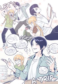 1boy 1girl :d ahoge alternate_costume alternate_hairstyle back-to-back black-framed_eyewear black_pants blue_hair blue_shirt blunt_bangs bracelet braid closed_eyes closed_mouth commentary_request cutlery denim double_v english_text feet_out_of_frame finger_frame food full_body glasses green_pants green_shirt grey_eyes grey_pants grey_shirt handheld_game_console highres holding holding_handheld_game_console holding_pencil holding_sketchbook jeans jewelry kitagawa_yuusuke korean_commentary long_hair long_sleeves looking_at_another looking_at_viewer malang_face multiple_views necklace nintendo_switch open_clothes open_mouth open_shirt orange_hair pants parted_bangs pencil persona persona_5 plate plate_stack polka_dot polka_dot_background puffy_cheeks purple_eyes sakura_futaba shirt shoes short_hair short_sleeves single_sidelock sketchbook smile sneakers sparkle speech_bubble twin_braids upper_body v white_background white_shirt white_shoes