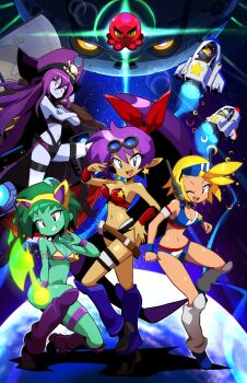 4girls animal_ear_hairband animal_ears bikini blush bolo_(shantae) cat_ear_hairband cat_ears colored_skin fake_animal_ears goggles goggles_on_head hairband hat highres multiple_girls navel official_art one_eye_closed pirate_hat planet pointy_ears risky_boots rottytops sakurajyousui_nami shantae shantae_(series) sky_(shantae) space spacecraft squid_baron star_(sky) swimsuit uncle_mimic