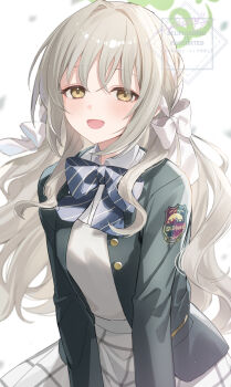 1girl blue_archive blush bow bowtie breasts collared_shirt commentary_request green_jacket grey_hair grey_skirt halo highres jacket long_hair long_sleeves looking_at_viewer miyo_(blue_archive) nima_(niru54) open_mouth shirt skirt small_breasts smile solo white_shirt yellow_eyes
