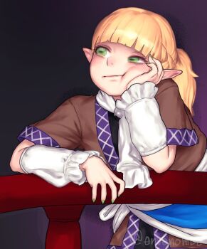 1girl :t blonde_hair blunt_bangs braid brown_shirt cheek_squash closed_mouth commentary_request envenomist_(gengoroumaru) expressionless fingernails gradient_background green_eyes green_nails half_up_braid hand_on_own_cheek hand_on_own_face looking_afar mizuhashi_parsee pointy_ears ponytail purple_background railing scarf shirt short_hair short_ponytail short_sleeves solo touhou upper_body white_scarf