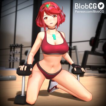 1girl 3d :d alternate_costume artist_name blobcg blush breasts buruma chest_jewel choker commentary dumbbell english_commentary fingerless_gloves full_body gem gloves gym headpiece highres kneeling large_breasts looking_at_viewer navel open_mouth patreon_username pyra_(xenoblade) red_buruma red_choker red_eyes red_hair red_sports_bra shoes short_hair smile sneakers solo sports_bikini sports_bra swept_bangs tiara xenoblade_chronicles_(series) xenoblade_chronicles_2