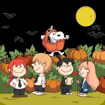 2girls 3boys bat_(animal) black_hair black_necktie black_suit blonde_hair blue_jacket braid braided_ponytail chainsaw_man commentary cosplay crossover denji_(chainsaw_man) derivative_work english_commentary formal_clothes full_moon hayakawa_aki heyreza.art highres horns jacket makima_(chainsaw_man) moon multiple_boys multiple_girls necktie parody peanuts_(comic) pink_hair pochita_(chainsaw_man) pochita_(chainsaw_man)_(cosplay) power_(chainsaw_man) pumpkin red_eyes red_horns second-party_source shoes sidelocks single_braid snoopy style_parody suit topknot white_shoes