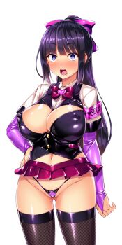 1girl adapted_uniform armband black_hair black_thighhighs blunt_bangs blush bow bowtie breasts bridal_gauntlets cleavage cleavage_cutout clothing_cutout covered_erect_nipples elbow_gloves fishnet_thighhighs fishnets g-string game_cg gloves gluteal_fold hair_bow hand_on_own_hip heart high_ponytail highleg highleg_panties kisaragi_nozomi large_breasts large_variant_set long_hair looking_at_viewer micro_panties microskirt navel non-web_source official_art open_mouth panties pleated_skirt ponytail purple_bow purple_eyes purple_hair satou_kuuki shinsou_seiki_elementia shiny_skin sidelocks simple_background skirt solo standing string_panties thighhighs thong transparent_background underwear variant_set wide-eyed