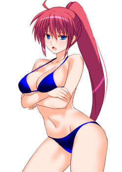 Rule 34 | 1girl, ahoge, arms under breasts, bikini, blue bikini, blue eyes, blush, braid, breasts, cleavage, crossed arms, engo (aquawatery), half up braid, high ponytail, highres, large breasts, long hair, looking at viewer, lyrical nanoha, mahou shoujo lyrical nanoha, mahou shoujo lyrical nanoha a&#039;s, mahou shoujo lyrical nanoha strikers, navel, open mouth, pink hair, ponytail, signum, simple background, solo, swimsuit, very long hair, white background