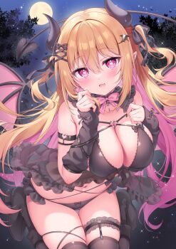 1girl absurdres armband bare_shoulders black_armband black_panties black_thighhighs blonde_hair blush bow bow_panties breasts cleavage commentary_request demon_girl demon_horns demon_tail demon_wings full_moon hair_between_eyes heart heart-shaped_pupils heart_o-ring highres horns large_breasts leaning_forward long_hair looking_at_viewer moon multicolored_hair navel night o-ring open_mouth original outdoors panties pink_eyes pink_hair pointy_ears shiono_(0303) solo spade_(shape) stomach symbol-shaped_pupils tail thigh_strap thighhighs underwear very_long_hair wings