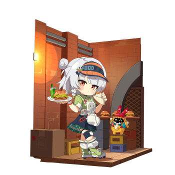 Rule 34 | 1girl, :t, ame., anby demara, anby demara (operation yum 2025), apron, blue skirt, blush stickers, box, braid, brick wall, burger, cardboard box, chibi, closed mouth, collared shirt, commentary request, cup, disposable cup, drinking straw, eating, food, full body, green shirt, green shoes, grey hair, hair bun, highres, holding, holding food, holding plate, looking at viewer, loose socks, pinstripe pattern, pinstripe shirt, plate, pleated skirt, red eyes, revision, roller skates, shirt, shoes, single braid, single side bun, skates, skirt, socks, solo, visor cap, white apron, white socks, zenless zone zero