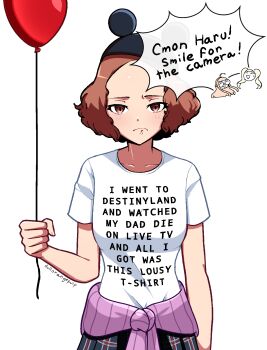 1girl balloon brown_eyes brown_hair clothes_around_waist commentary dullorangepulp english_commentary frown highres holding holding_balloon looking_at_viewer mickey_mouse_ears okumura_haru persona persona_5 plaid_clothes plaid_skirt sakura_futaba shirt short_hair skirt spoilers standing sweater sweater_around_waist takamaki_anne white_shirt