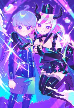 1boy 1girl ahoge bare_shoulders black_dress black_jacket braid breasts cape cleavage cowboy_shot demon_girl demon_horns dress highres horns iro_(mywife_sunny) jacket long_hair master_detective_archives:_rain_code purple_eyes purple_hair shinigami_(rain_code) short_hair twin_braids yuma_kokohead