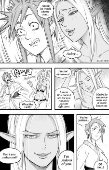 Rule 34 | 2girls, absurdres, asmr, aubry (dark elf stepsister), bb (baalbuddy), dark-skinned female, dark elf, dark skin, elf, english text, highres, long pointy ears, monochrome, multiple girls, original, pointy ears, ponytail, puff of air, robe, sound effects, speech bubble, surprised, teeth, whispering in ear, zana (dark elf stepsister)