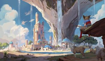 1boy animal_ears antenna_hair battlement blue_capelet blue_sky brown_hair brown_pants building bush capelet cat_boy cat_ears celestra city cityscape cliff cloud cloudy_sky commentary cumulonimbus_cloud day dome english_commentary grass grey_sash highres holding holding_instrument instrument middle_eastern_architecture moss on_rock original outdoors palace pants red_shirt red_socks river rock scenery shadow shamisen sheep shepherd shirt short_hair sky socks solo stairs stone_stairs toeless_socks tower tree water waterfall