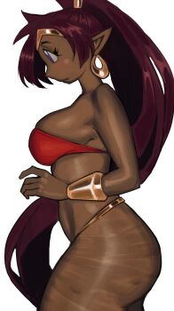 Rule 34 | 1girl, absurdres, ass, bikini, blue eyes, breasts, cellulite, circlet, commentary, cowboy shot, dairenke art, dark-skinned female, dark skin, earrings, english commentary, from side, gold bracer, gold circlet, gold earrings, hand up, highres, hoop earrings, jewelry, large breasts, long hair, long pointy ears, pointy ears, ponytail, purple hair, red bikini, shantae, shantae (series), sideboob, solo, strapless, strapless bikini, swimsuit, very long hair