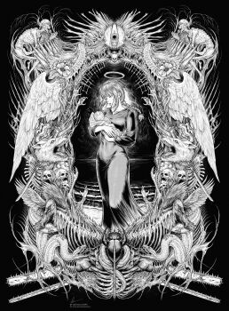 Rule 34 | 1boy, 1girl, absurdly detailed composition, absurdres, baby carry, bird, braid, bullet, carrying, chainsaw, chainsaw devil, chainsaw man, character request, check character, commentary, crow, english commentary, eternity devil (chainsaw man), greyscale, gun devil (chainsaw man), halo, highres, instagram logo, instagram username, katana, makima (chainsaw man), marvin (omarvin), monochrome, object head, pochita (chainsaw man), robe, signature, skull, snake, sword, twitter logo, twitter username, weapon, wings