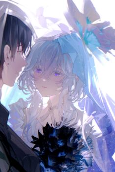 1boy 1girl absurdres black_hair black_jacket blue_veil colored_eyelashes commentary eye_contact hair_between_eyes highres hikaku_(siyrgr) jacket long_hair looking_at_another male_rover_(wuthering_waves) parted_lips purple_eyes rover_(wuthering_waves) shorekeeper_(wuthering_waves) smile two-tone_veil upper_body veil white_background white_veil wuthering_waves yellow_eyes